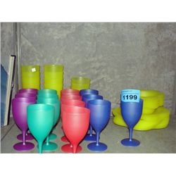 Shelf lot of assorted plastic cups plates and bowl