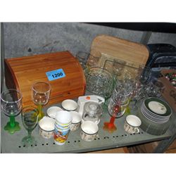 Shelf lot of misc items; glasses, plates, wooden