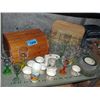 Image 1 : Shelf lot of misc items; glasses, plates, wooden