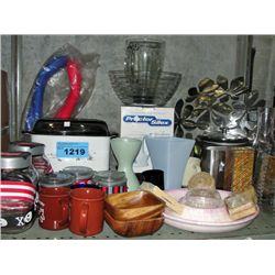 Shelf lot of kitchenwares and misc