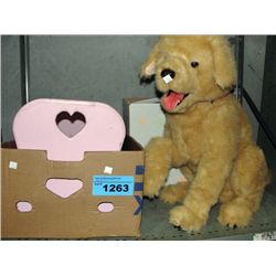 shelf lot of childrens toys, pet dog, doll, crib
