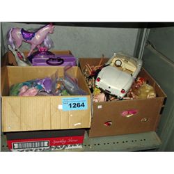 Shelf lot of childrens toys; barbies, clothes etc