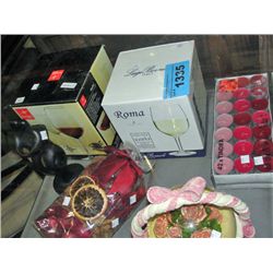 Lot of stemware glasses, potpurri, scented candles