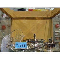 shelf lot of assorted silver plated serving pieces
