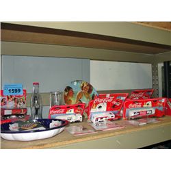 Shelf lot of coca cola collectables