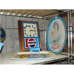 3pc pepsi cola collection; clock and 2 trays