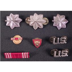 8 WWII ERA ARMY UNIFORM DEVICES, RIBBON BAR & LAPEL PIN