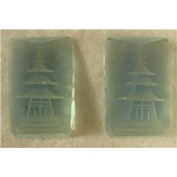 2 Aquamarine Gemstones Carved w/Chinese Temples