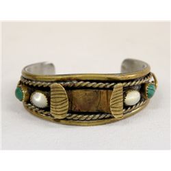 Navajo Silver Brass and Malachite Watchband