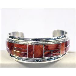Navajo Red Shell Sterling Inlay Bracelet - Begay