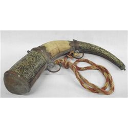 Antique Spanish Etched Copper Metal Powder Horn