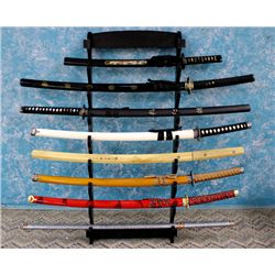 Collection of 8 Oriental Swords & Scabbards w/Rack