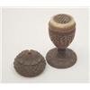 Image 1 : An early 19th century walnut nutmeg grater with screw cover, pedestal form carved with leaves, 3i...