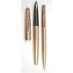 Parker 9ct gold 61 fountain pen and pencil in rare flamme pattern with initials on both items (2)...