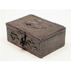 John Pearson, a Newlyn copper box embossed with a duck and stylised plant forms in bold relief, i...