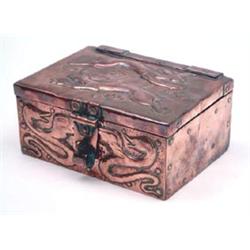 John Pearson, a Newlyn copper box embossed with running hares to cover and stylised serpents to f...