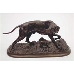 An animalier casting after P.J. Mene, bronze model of a dog, 8.25ins. long. £150-200...