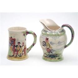 A Crown Devon musical jug, 8ins and tankard, 6ins, each moulded, transfer-printed and enamelled w...