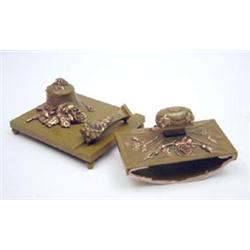 A French bronze three-piece desk set, signed Louis Famin, comprising inkwell, blotter and seal, c...