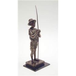 After Lavergne, "Pecheur", a bronze figure of a fisherboy holding rod, brown patination, on squar...