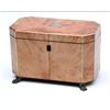 Image 1 : A Regency blond tortoiseshell rectangular 2-division tea caddy with canted corners on brass claw...