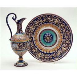 A 19th century Gien, France faience ewer on stand, painted with figures and foliage in renaissanc...