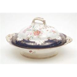 A John Ridgway earthenware tureen and domed cover, circular and floral painted against blue borde...
