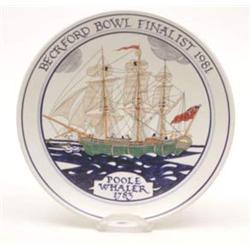 A Poole Pottery presentation plate painted with a ship 'Poole Whaler' by A.Bradbury and C.Davies,...