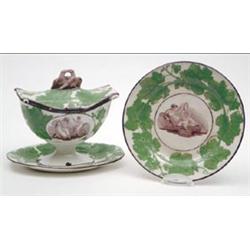 A George III creamware sauce tureen printed with mother o'pearl and child scenes in brown monochr...