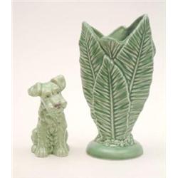 A Sylvac green glazed model of a seated terrier, 4.75ins and a similar leaf moulded vase, 8.5ins...