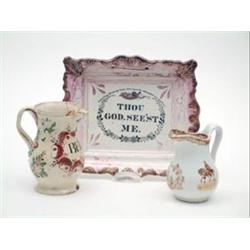 An early 19th century pink lustre plaque printed with religious verse 'Thou God, See'st Me' 8.5in...