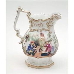 A Victorian bone china jug relief-moulded and painted with Eastern figures, 9.5ins (hair crack) £...