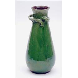 A W.L.Baron, Barnstaple vase made for Liberty & Co, green glazed with 3 twisted lug handles, impr...