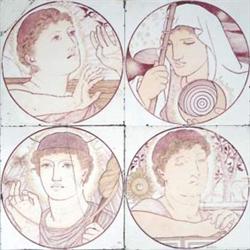 A set of 4 Minton, Hollins & Co earthenware tiles painted with classical portrait busts within ro...