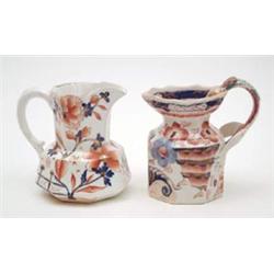 A Victorian Ironstone Imari hydra jug, 6ins and another similar jug, 5ins £150-200...