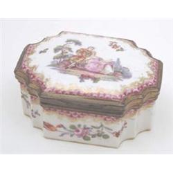 A Vienna style porcelain trinket box with ormolu mount, printed with a piper and female companion...