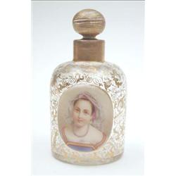 A 19th century Bohemian clear glass scent bottle overlaid with oval plaque painted with a female...