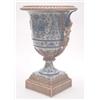 Image 1 : An ormolu mounted blue and white porcelain vase, urn shaped pedestal form with caryatid handles i...
