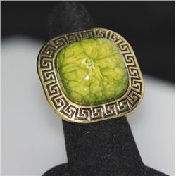 FASHION JEWELRY BRASS RING; SYNTHETIC GREEN STONE