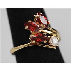 RED CZ AND CZ 14K GOLD PLATED RING