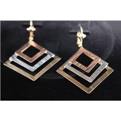 TRI-COLOR SQUARE DANGLING EARRING 14K GOLD PLATED