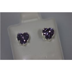 HEART AMETHYST CZ STUD EARRINGS .925 STERLING SILVER