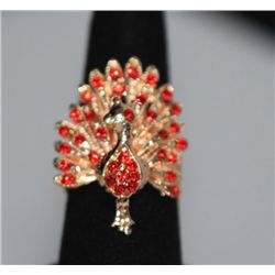 FASHION JEWELRY RED CZ PEACOCK SHAPED BRASS RING