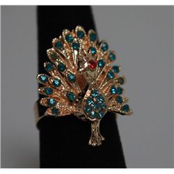 FASHION JEWELRY LIGHT BLUE CZ AND RED CZ PEACOCK SHAPED