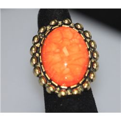 FASHION JEWELRY BRASS RING; SYNTHETIC ORANGE STONE