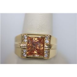 MENS RING CZ AND ORANGE CZ 14K GOLD PLATED RING