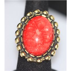 FASHION JEWELRY BRASS RING; SYNTHETIC RED STONE