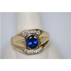 GOLD PLATED BLUE CZ MENS RING 14K