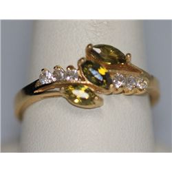 GREEN CZ AND CZ 14K GOLD PLATED RING