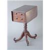 Image 1 : A Regency mahogany work table with D shaped flaps and 2 drawers, on turned column and scroll legs...